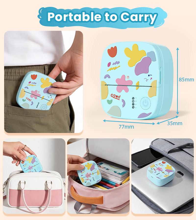 [Valentines'DaySale!] XenGro Mini Printer Bluetooth included 3 Roll label Thermal Pocket Printer,Inkless Small printer B&W Printing Only for Photos, Study Notes, Lists,Memos, Journals Printing Machine Sticky Label, Birthday Gifts for Kids Girls Boys Blue