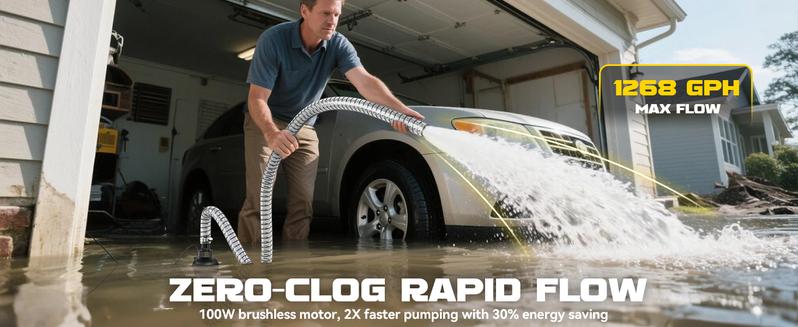 Cordless Submersible Water Pump Compatible with DeWalt 20V Battery(NO BATTERY!!), 1268GPH High Flow Sump Pump with 6.5ft Hose, for Swimming Pool Garden Draining