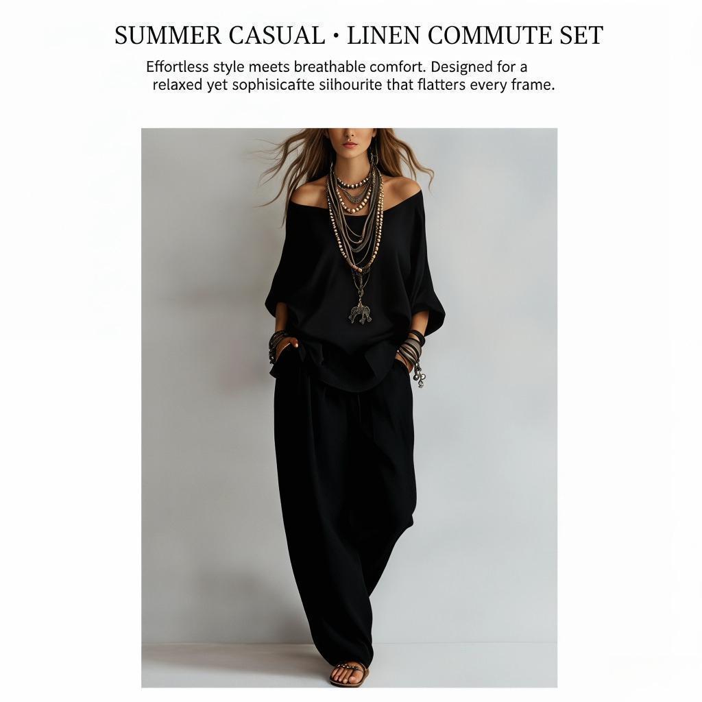 Women's 2-Piece  Set, Summer New Casual Elegant Commuting Outfit with Loose 7-Quarter-Sleeved Top and Wide-Leg Pants