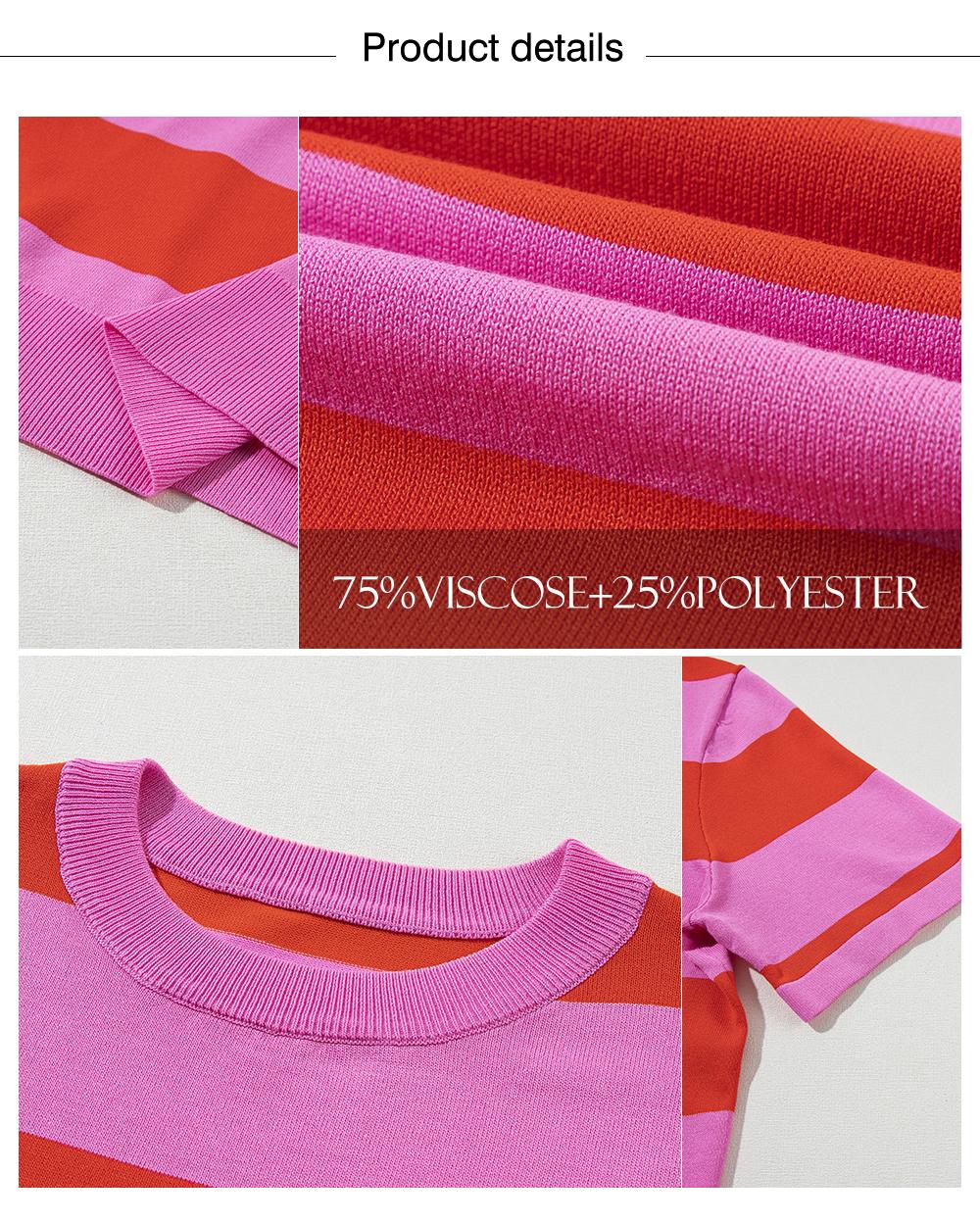 Asvivid Women's Summer Tops Bright Pink Colorblock Striped Ribbed Knitted Round Neck T Shirt Stripe Top SpringStatements