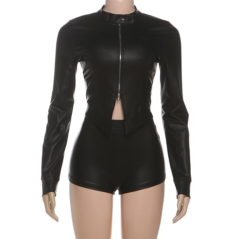 DOUCIU Classic Retro Matte Tight Sexy Hot Street Personality Cool Versatile Bar Party Women'S Thin Solid Color Zipper Long-Sleeved Top Shorts Two-Piece Set