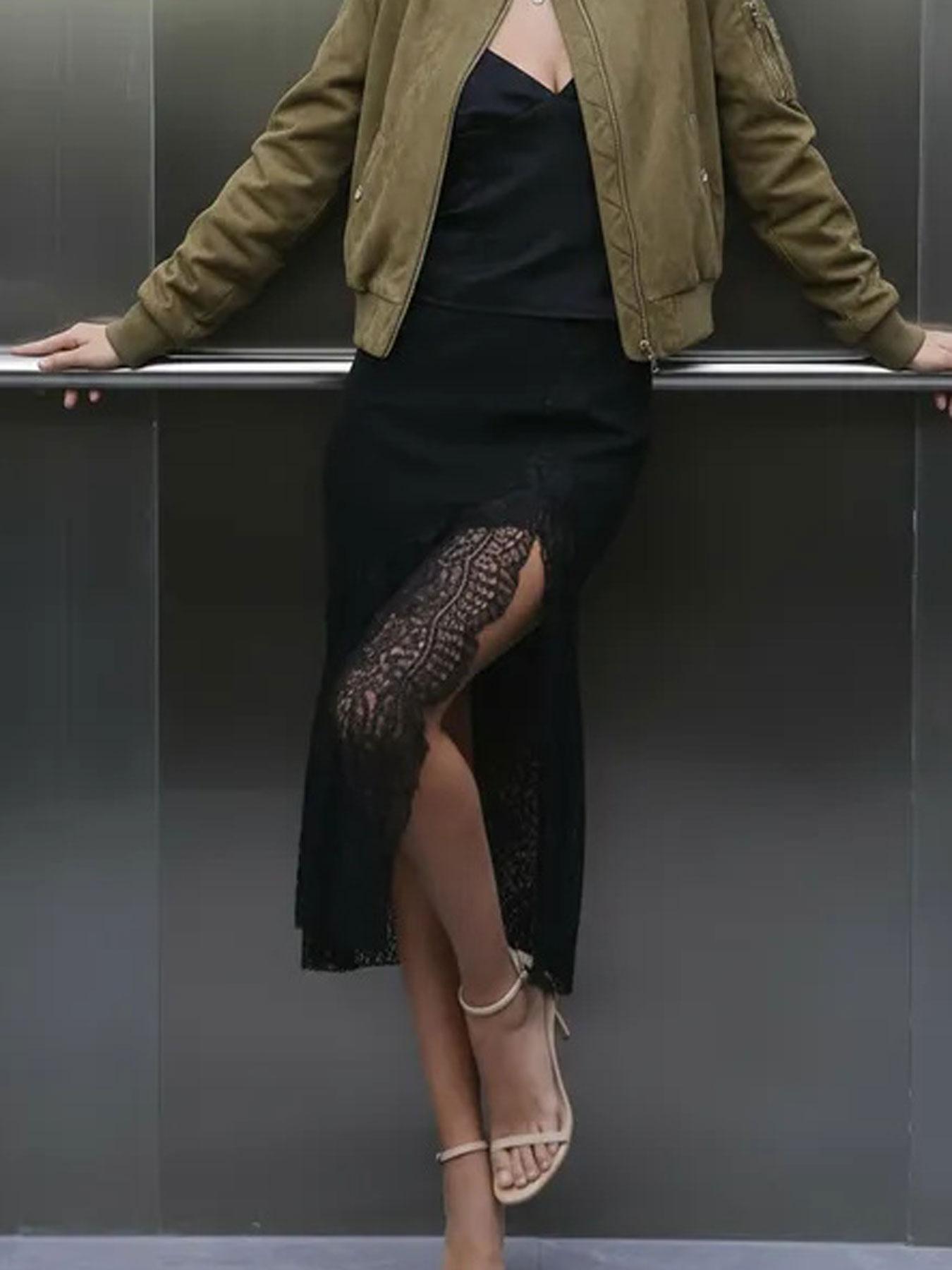 Women's High Waist Satin Lace Long Dress, Asymmetric Decor Y2K Evening Gown, Layered Elegant Fitted Midi Skirt for Spring Summer Fall Winter