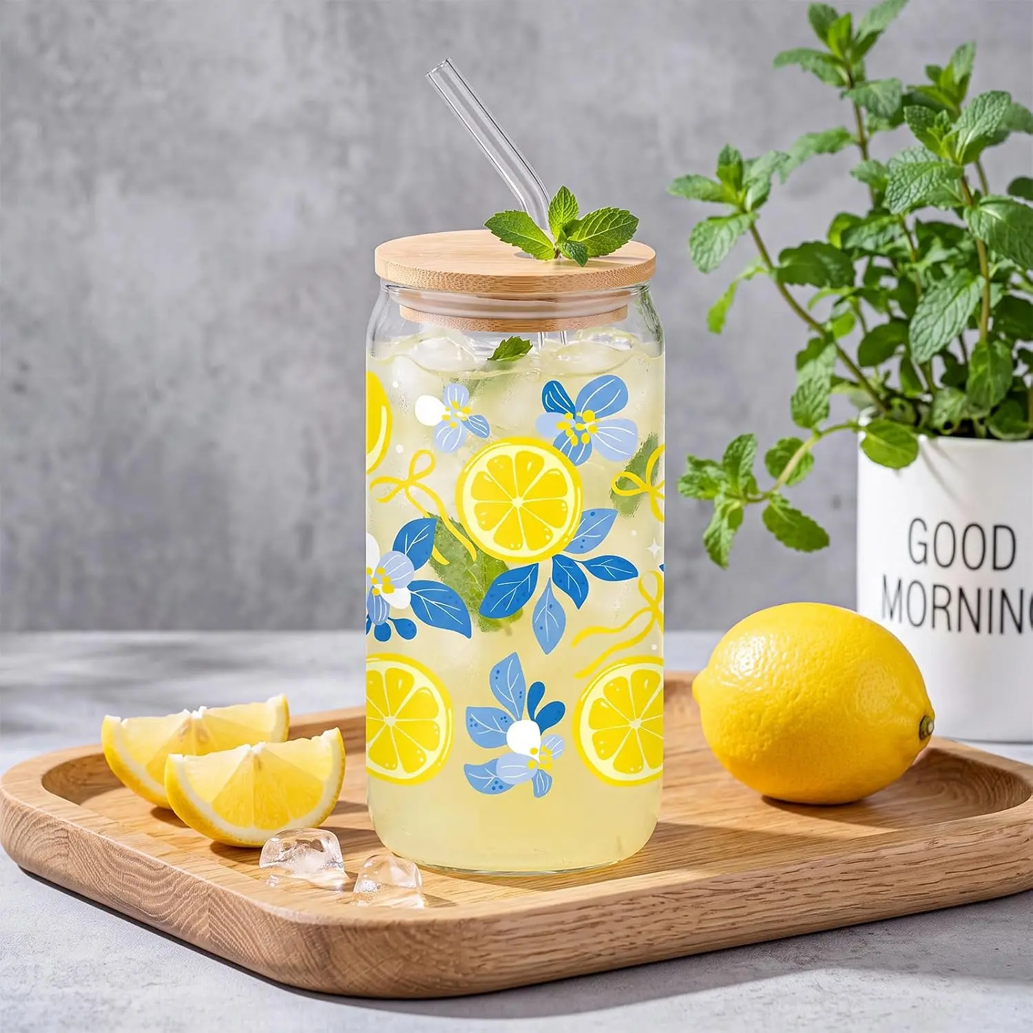 Glass Cup 16oz Iced Coffee Glass  Summer Drinking Tumbler Blue Floral Aesthetic Tumbler Lemons Glasses Cups with  Lid and Straw  Lemons Summer Drinkware  for Parties
