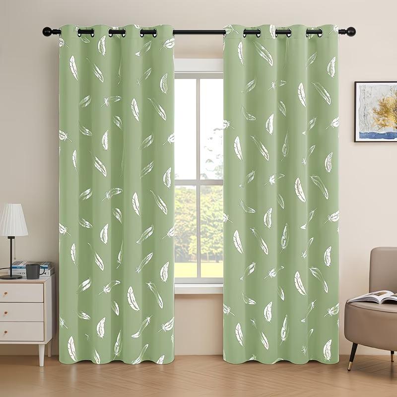 Two elegant feather-patterned decorative digital printed semi-transparent curtains made of polyester, suitable for living rooms and bedrooms, available in various pattern colors