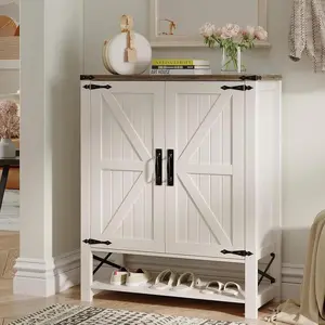 6-Tier Wooden Shoe Cabinet with Doors, Farmhouse Style Storage Organizer featuring adjustable shelves, sturdy shoe rack for entryway, foyer, hallway and living room daily storage