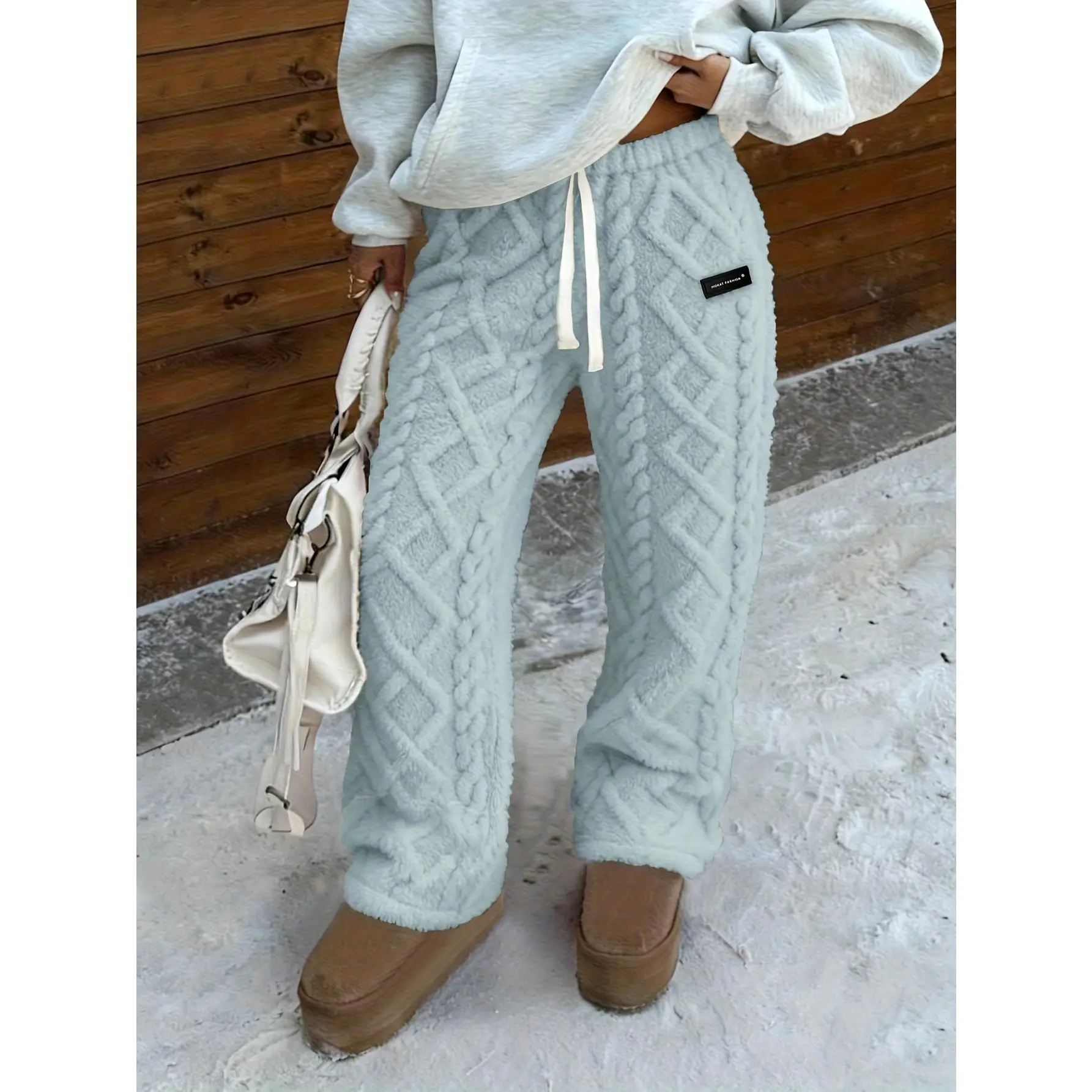 Women's Winter Polypropylene Plush Oversized Joggers - Full-Length Activewear, Elastic Adjustable Drawstring Waistband, Baggy Loose Fit Athletic Pants, Warm for Indoor Casual & Outdoor Daily Wear, Elastic Waist Drawstring