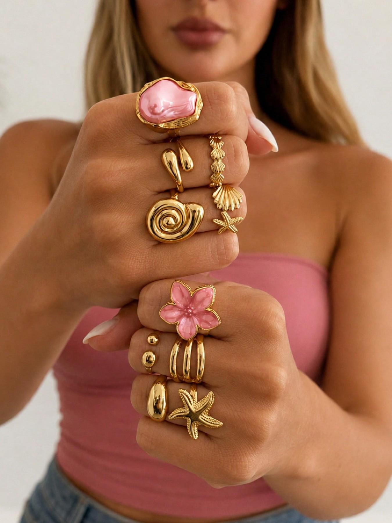 10 Pcs Boho Beach Starfish Ring Set, Boho Style Rings, Alloy Flower Stackable Finger Rings, Beautiful Rings, Party Jewelry, Gift for Holidays, Birthday and Beach
