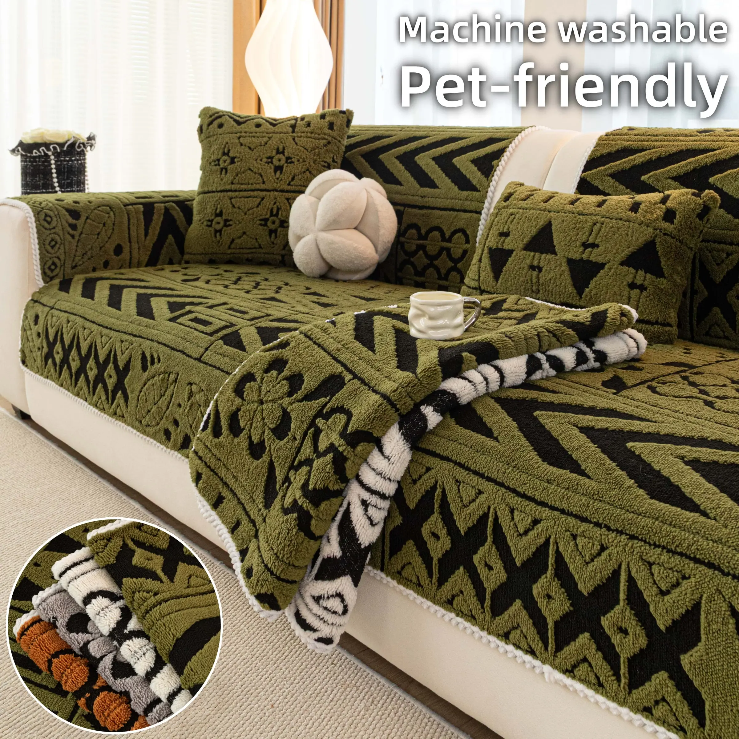 Bohemian Plush Sofa Cushion Cover, Thick Protective Pad, Non-Slip Anti-Scratch, Pet-Friendly, Warm Soft Texture, Fits 1-4 Seater Sofas