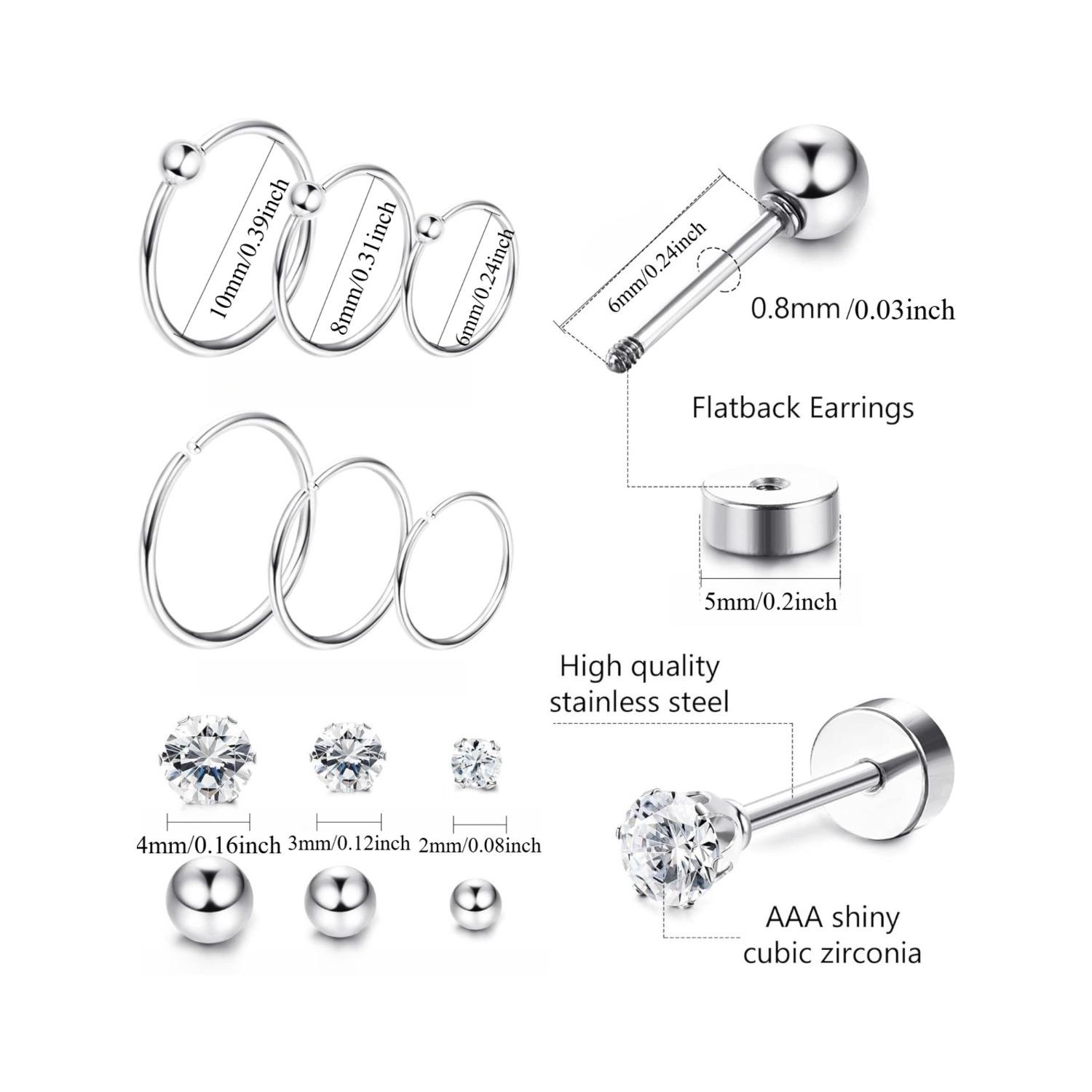 12Pairs Surgical Steel Tiny Stud Earrings for Women Hypoallergenic Flat Back Cartilage Earrings Cubic Zirconia Tiny Ball Earrings Hoops Conch Helix Cartilage Piercing Jewelry