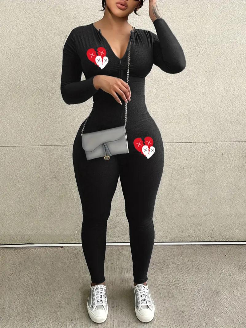 Women's Solid Color Zip Up Jumpsuit, Casual Comfy Long Sleeve Jumpsuit for Daily Wear, Ladies Spring & Fall Clothes