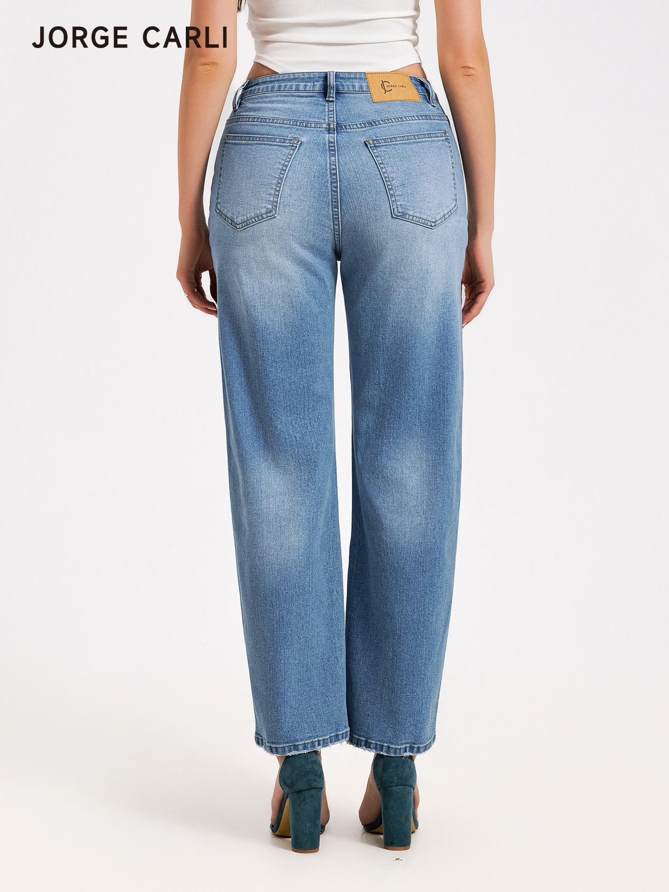 JORGE CARLI  Women's Mid-Waist Elastic Straight Leg Jeans, Front Zipper Design, Casual Office Wear, Versatile Nine-Part Wide Leg Pants