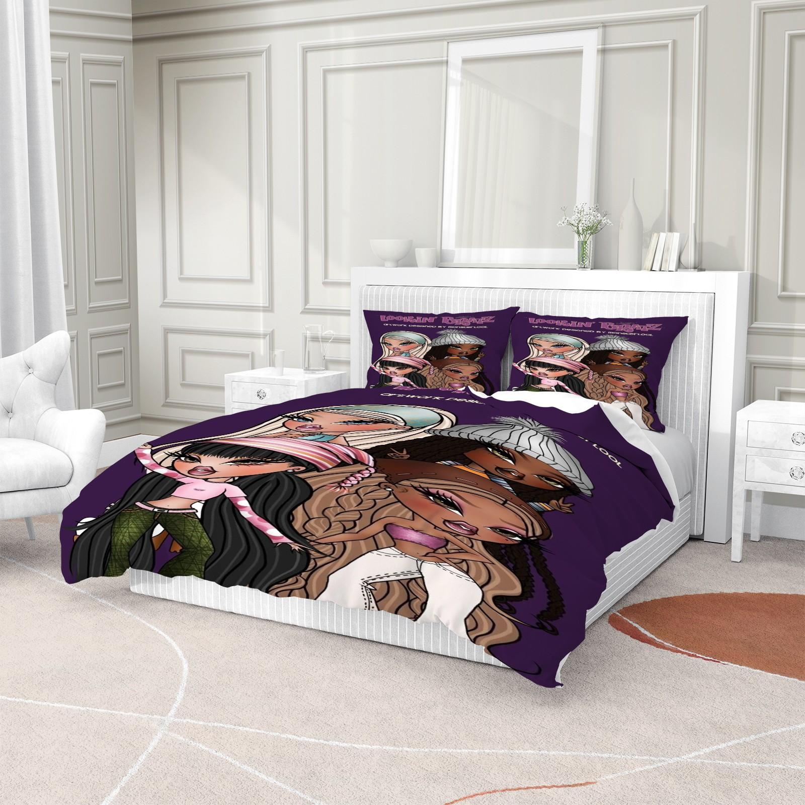 Bratz Pattern Printed Soft Durable Bedding Set, Includes 1 Fitted Sheet and 1 or 2 Pillowcases, Excluding The Core And Pillow Core, Modern Style Bedroom Decor Gift