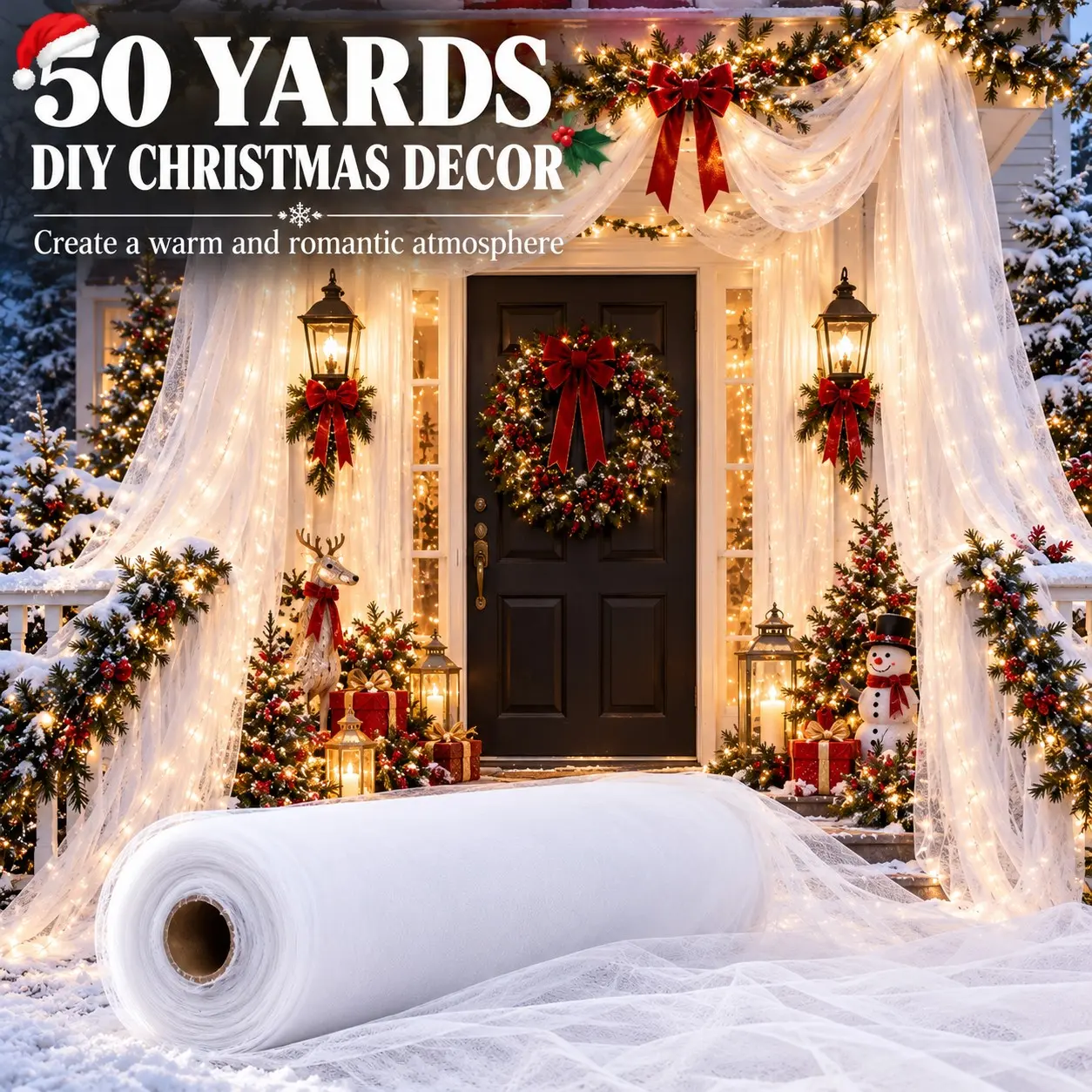 19.6 Inch x 50 Yards White Tulle Fabric Roll, Sheer Mesh Fabric for Christmas Decorations, Wedding Backdrops, Party Decor & DIY Draping