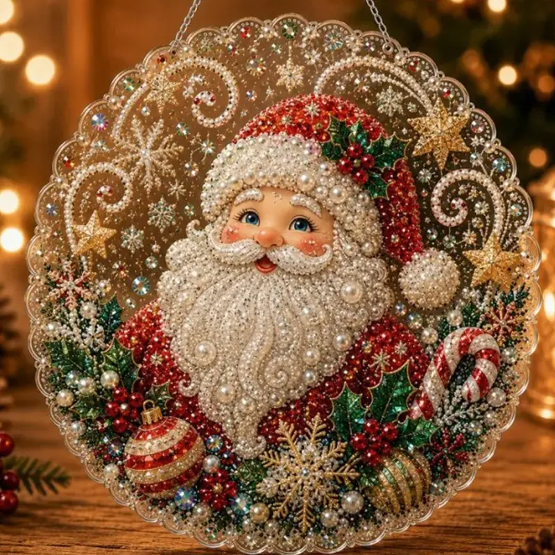 Christmas Pearl Diamond Painting Kit, Handmade, 10 Inch, Pre-Assembled Metal Chain, Acrylic Round Board with Lace Edge, 3D Pearls, Holiday Decor