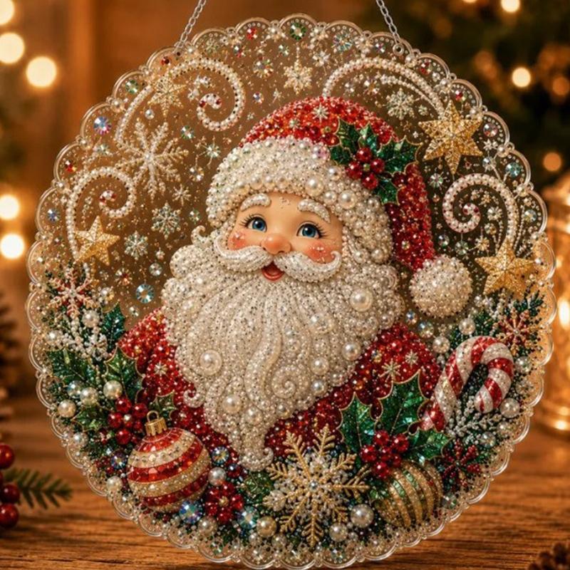 Christmas Pearl Diamond Painting Kit, Handmade, 10 Inch, Pre-Assembled Metal Chain, Acrylic Round Board with Lace Edge, 3D Pearls, Holiday Decor
