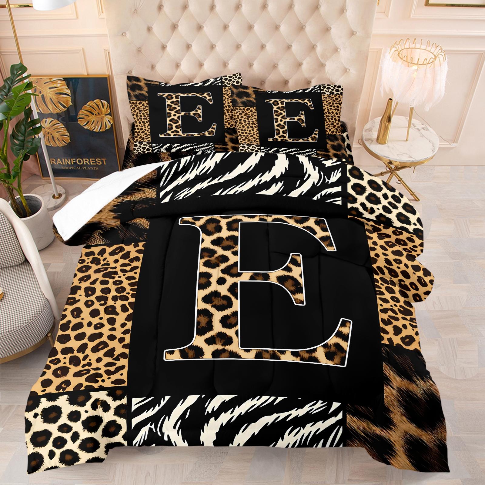 Wild Patchwork First Letter Print Comforter Set & 1-2 Pillowcases No Core, Leopard Print Letters A-Z, Zebra, Hair Texture Collage Pattern, Soft Warm Bedding, Wild Sexy Bedroom Decor, Ideal Gift Choice