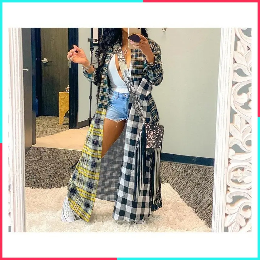 Women's Casual Color Block Plaid Patchwork Long Shirt Jacket