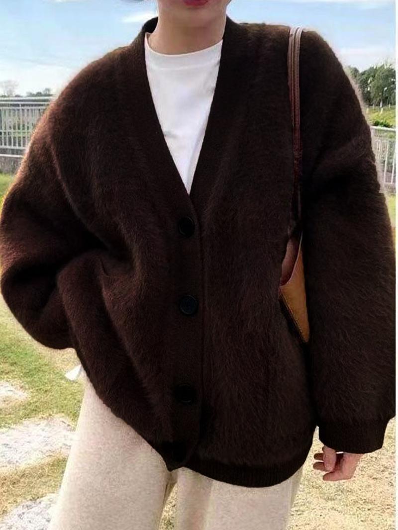 Women's Solid Button Front Pocket Drop Shoulder Fuzzy Sweater Cardigan, Casual Long Sleeve V Neck Cardigan for Daily Wear, Ladies Knitwear for All Seasons