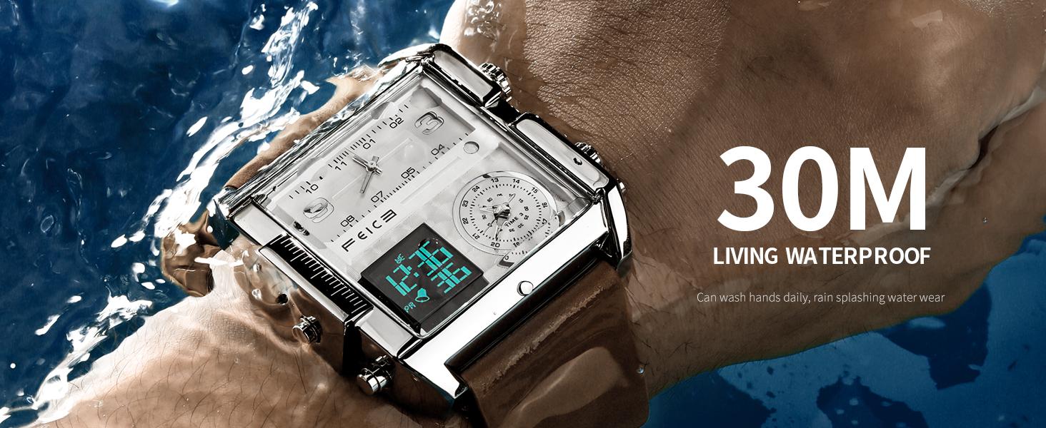 FEICE Men's Square Sport Watch| 50mm Oversized Dial, Dual Movement, Men’s Waterproof Luminous Sport Watch in silver display