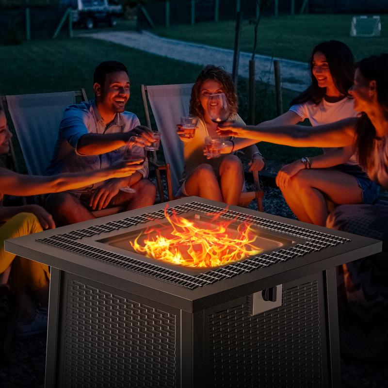 Jocoevol 28Inch Propane Fire Pit, Square Outdoor Gas Fire Pit Table with Fire Poker, 3-in-1 Multipurpose Firepits for Patio with Lid