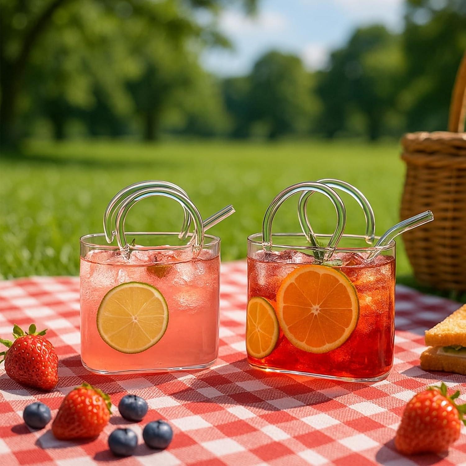 Glass Handbag Shape Cocktail Cup, Unique Handle and Straw Wine Glass Vase, Room Decor Juice Afternoon Tea Flower Picnic Cup