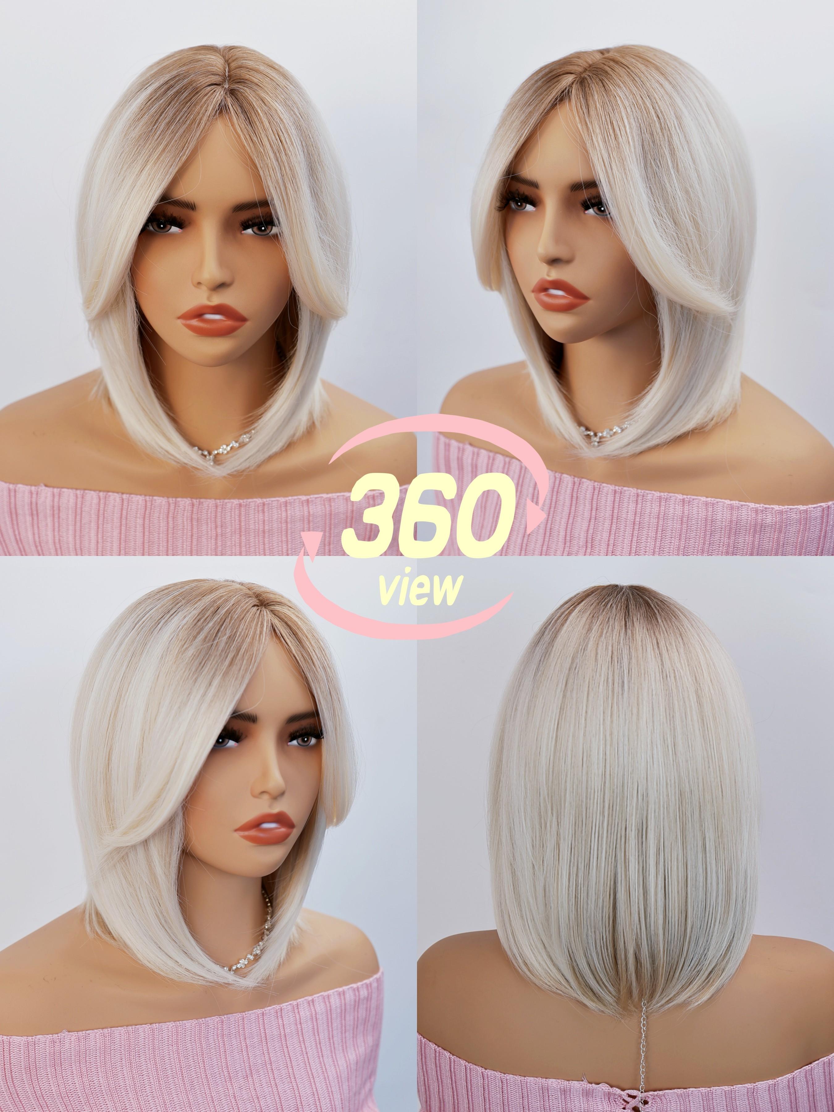12-Inch Platinum Gradient Synthetic Fiber Wavy Bob Wig, Heat-Resistant, Elastic Rose Net, Natural and Realistic, Fashion Hairpiece