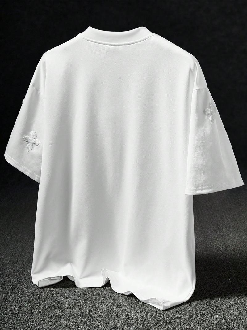 Men's Cross Stitch Embroidered Solid Color Round Neck T-Shirt, Casual Fitted Long Sleeve Top for All Seasons, Sporty College Style