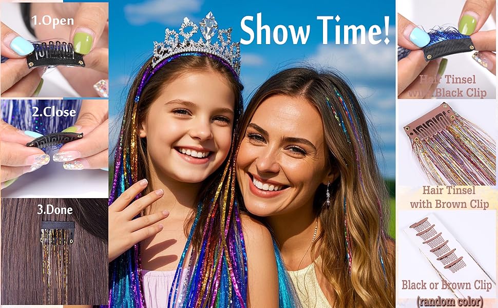 Clip in Hair Tinsel, Pack of 6 Pcs 24 Inch,Glitter Tinsel Hair Extensions 24 Inches, Festival Tinsel Fairy Hair Extension Party Dazzle Hair Accessories Strands Kit for Women Girls Kids
