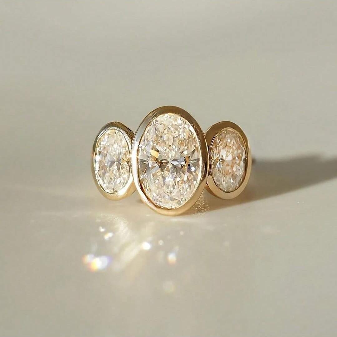 Oval Cut Diamond Art Deco Delicate Three Stone Bezel Set Statement Wedding Bridal Engagement Ring For Women 14K Yellow Gold Plated  Handmade Unique Christmas Ring