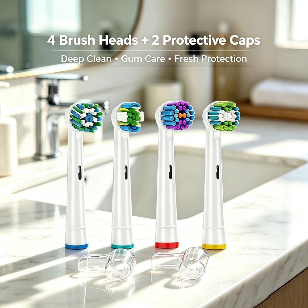 Replacement Electric Toothbrush Heads Compatible with Oral-B Rotary Handles, 4 Pack / 8 Pack, 4 Varieties Brush Heads with Protective Dust Caps, Soft Bristle Refills for Deep Clean & Sensitive Gum Care