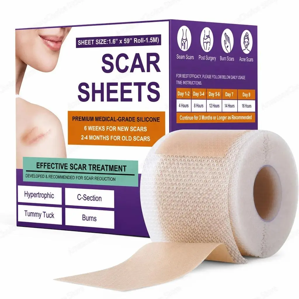 Medical-grade Silicone Scar Sheets, cuttable & reusable silicone scar strips, self-adhesive silicone tape. Ideal for post-surgery scar care, C-section scars, burn scars, anti-wrinkle treatment, and fading skin discoloration.