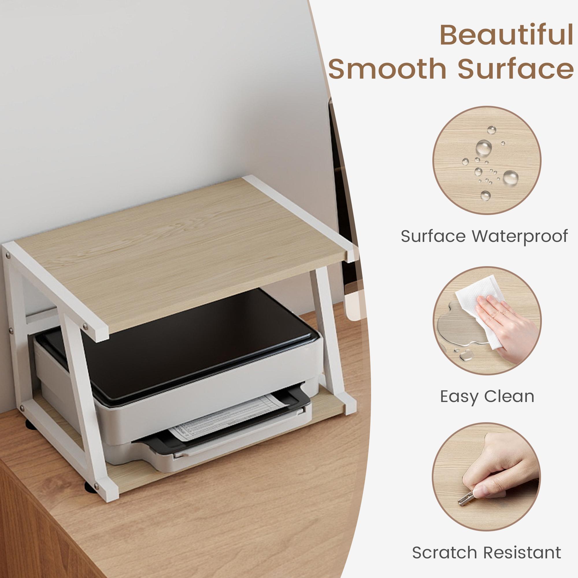2-Tier Printer Stand for Desk, Desktop Organizer with Storage, Modern Steel Frame Design, Easy 5-Minute Assembly, Space-Saving, Stylish Natural Oak, Multi-Function Holder Stand Adjustable Counter Chairs Office Chair White Black
