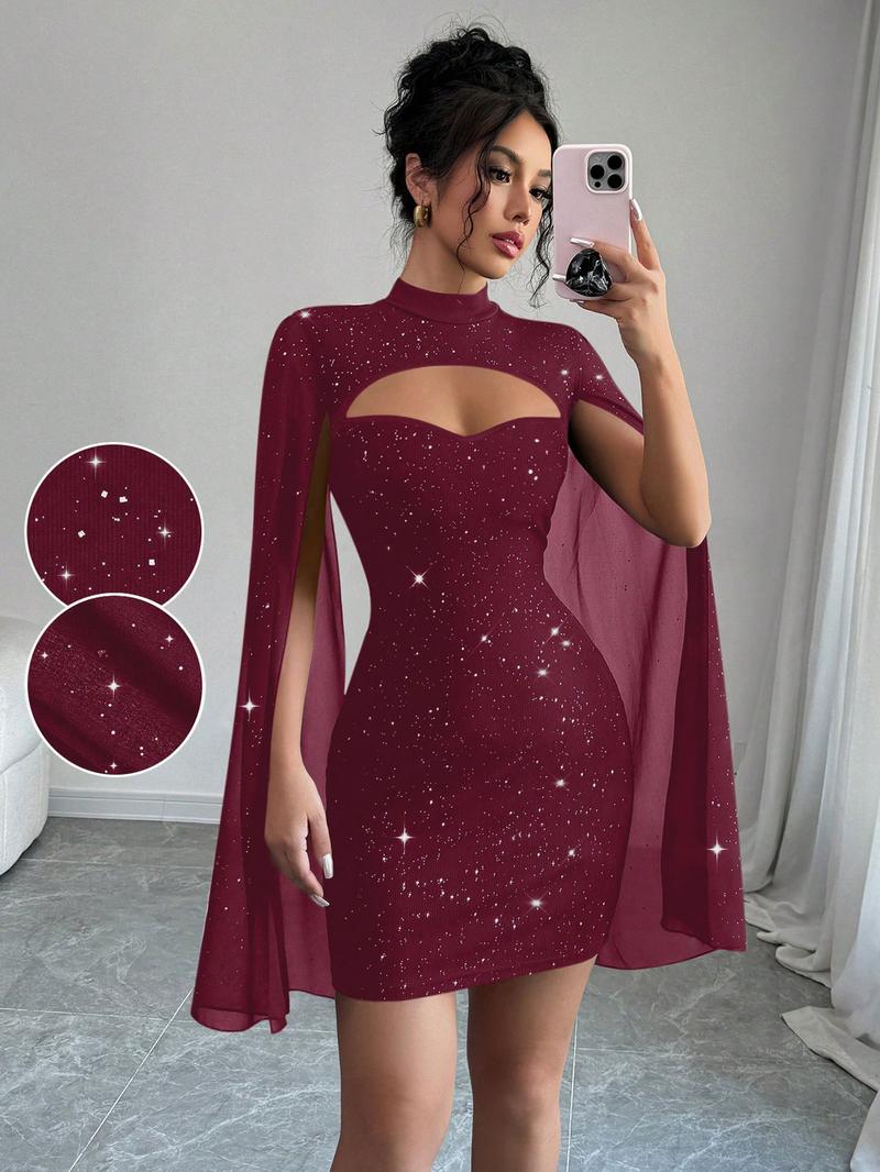Sexy Mini Bodycon Dress, Shawl Mesh Design, Cape Sleeves, Sparkling Sequins, Trendy Party Gown, Spring & Fall Valentine's Day