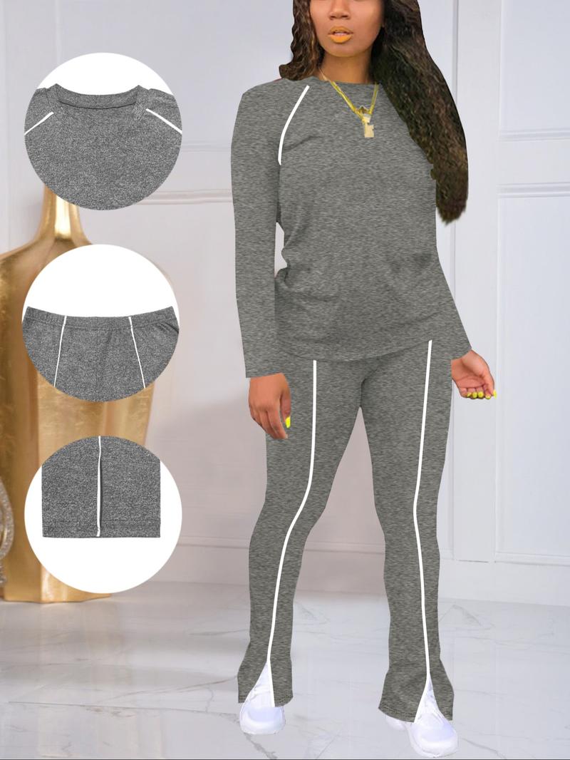 Women's Fashion New Round Neck Solid Color Patch Long Sleeve Top & Pants Set, Two-Piece for Casual Wear
