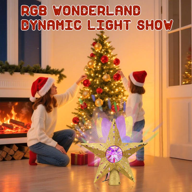 Golden Rotating Christmas Tree Topper with RGB LED Lights, 360° Spinning Diamond & Projection, Festive Tree Decoration with Power, Christmas Tree Topper with Lights, Christmas Decorations for Home Indoor, Candyland Christmas Tree Decorations