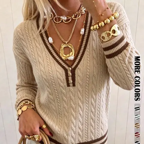 Women's Colorblock Button V-Neck Sweater, Knit Fabric Top, Long Sleeve Fitted Autumn & Winter Casual Top, Elegant Daily Wear