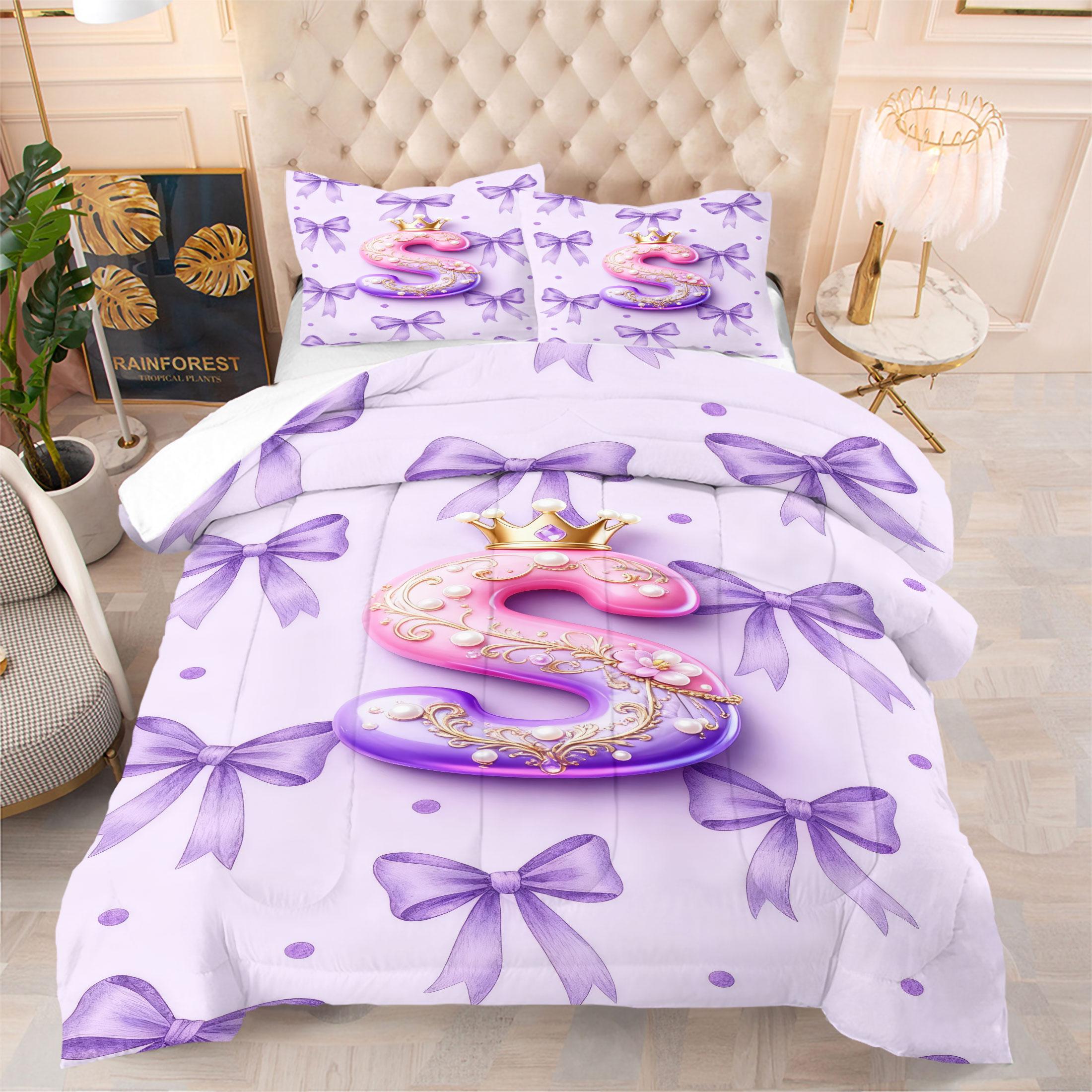Bow Pattern Comforter Set, 3D Crown Letter Print Comfy Bedding Set, Fashion Princess Style Design, Soft and Comfortable Microfiber Material, Perfect for Girls Teenage Room Decor Home Decorating Kit, No Filler Included
