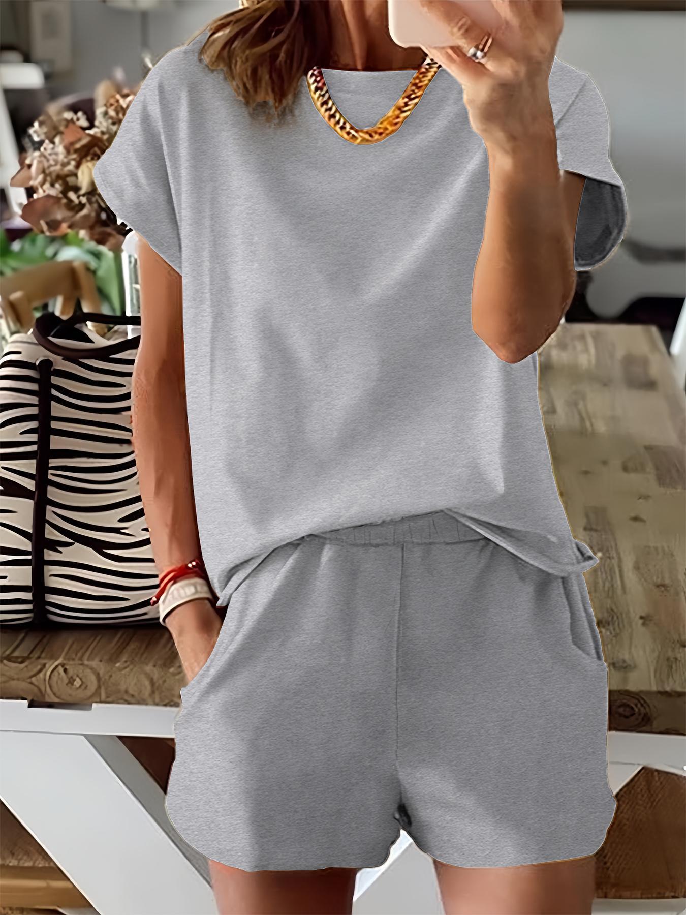 Women's Summer Short Sleeve Plain Set, Slim-Fit Natural Waist Design, Regular Length Pants & Tops, Perfect for Casual Wear