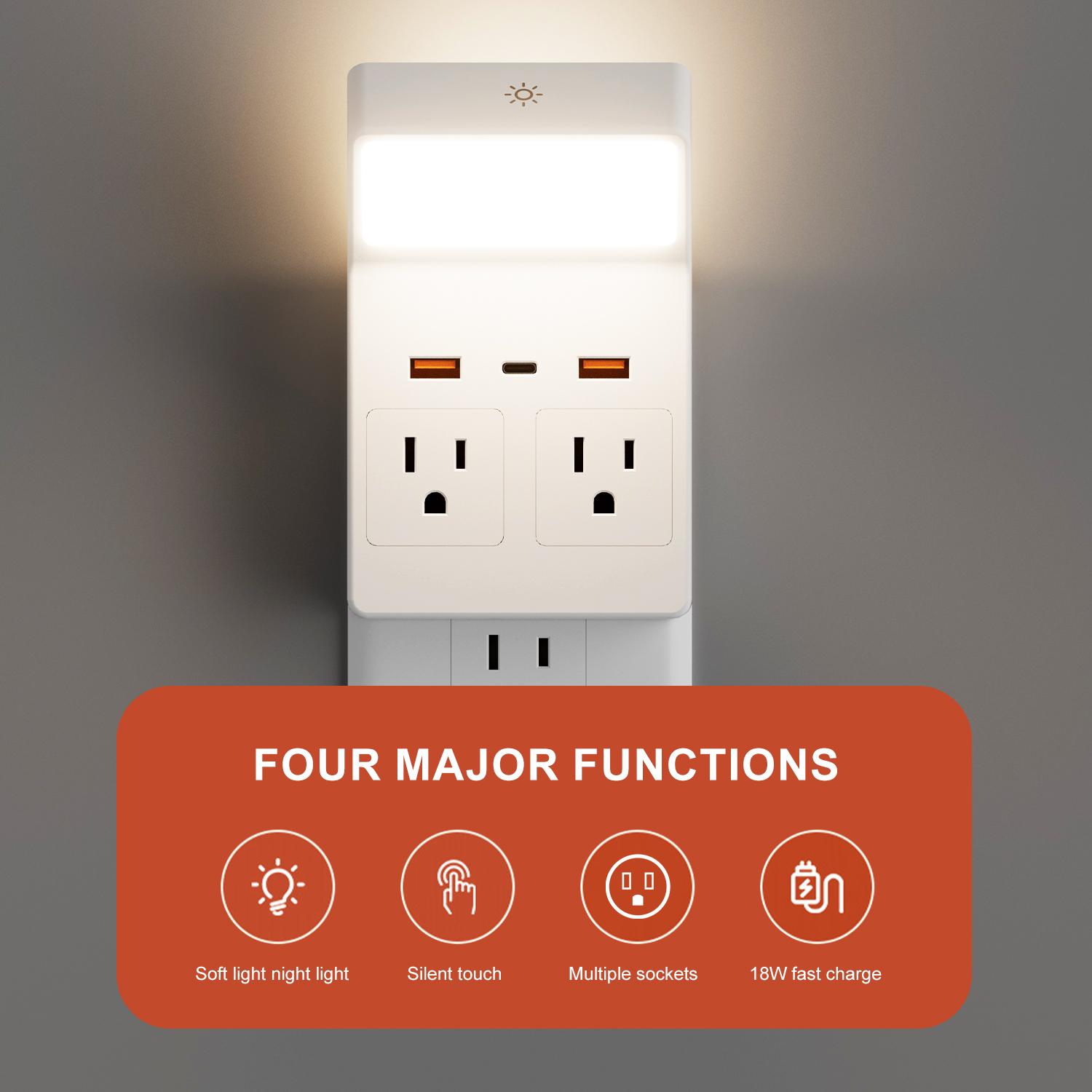 Smart Remote Control Night Light Socket, 4ac+4usb Fast Charging, Wall Plug Night Lamp, Adjustable 3 Colors, Timer Function, Fireproof Certified
