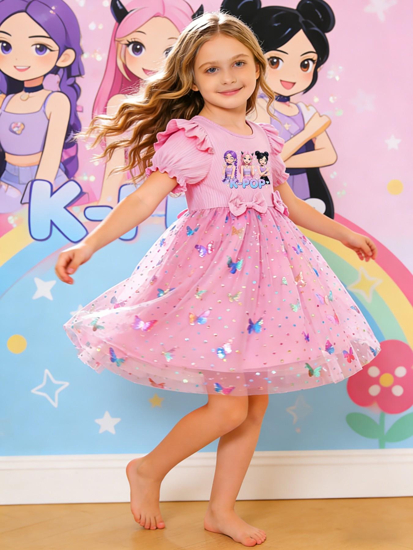 Girls' Elegant Princess Dress, Cartoon Butterfly Print, Slim-Fitting Summer Gown, Perfect for Easter, Valentine's Day, Parties, Gifts, Birthdays
