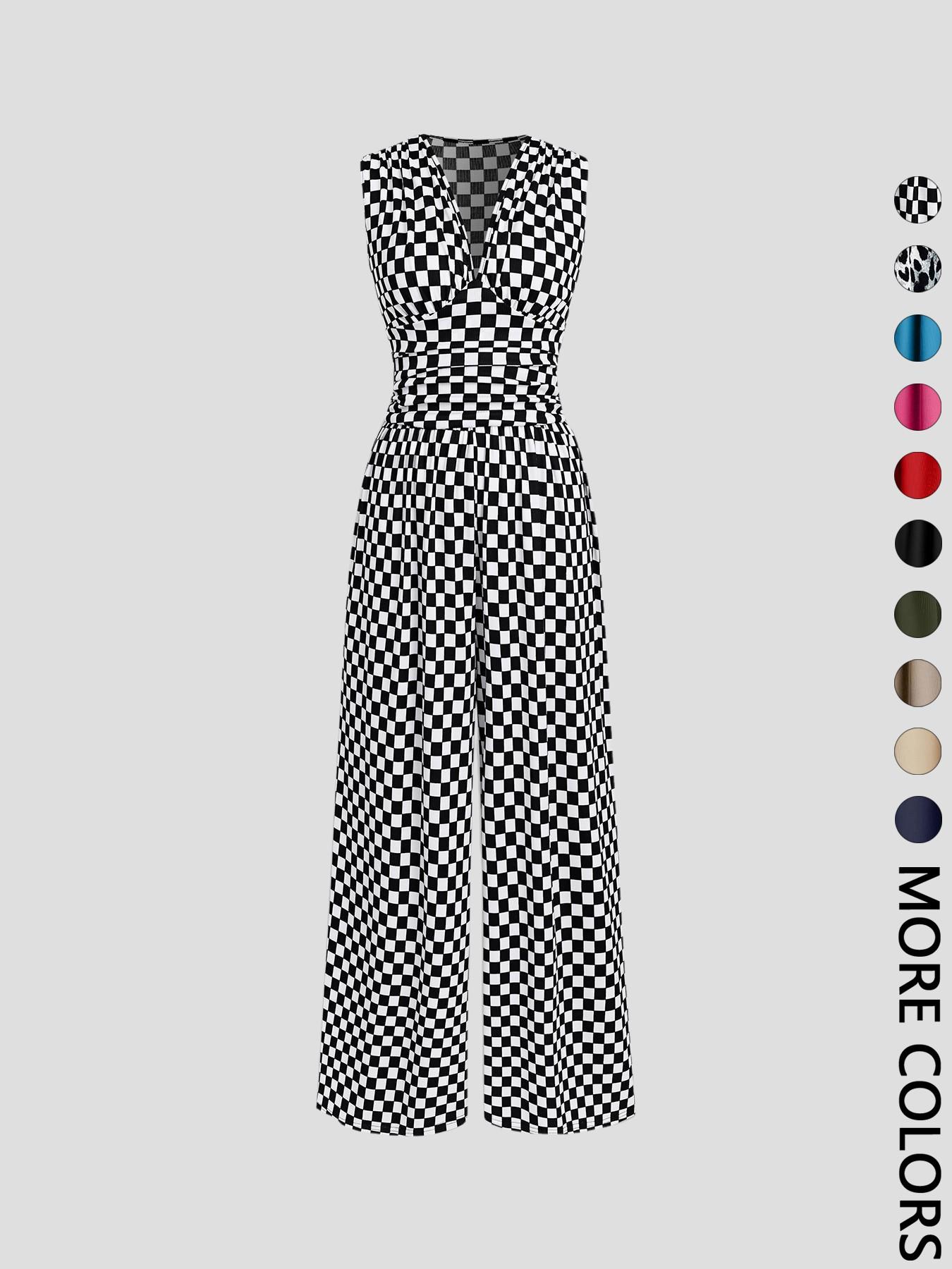 Women's Plain Ruched Deep V Neck Jumpsuit, Elegant Sleeveless Wide Leg Jumpsuit for Summer, Ladies Clothes for Beach Holiday Vacation Style