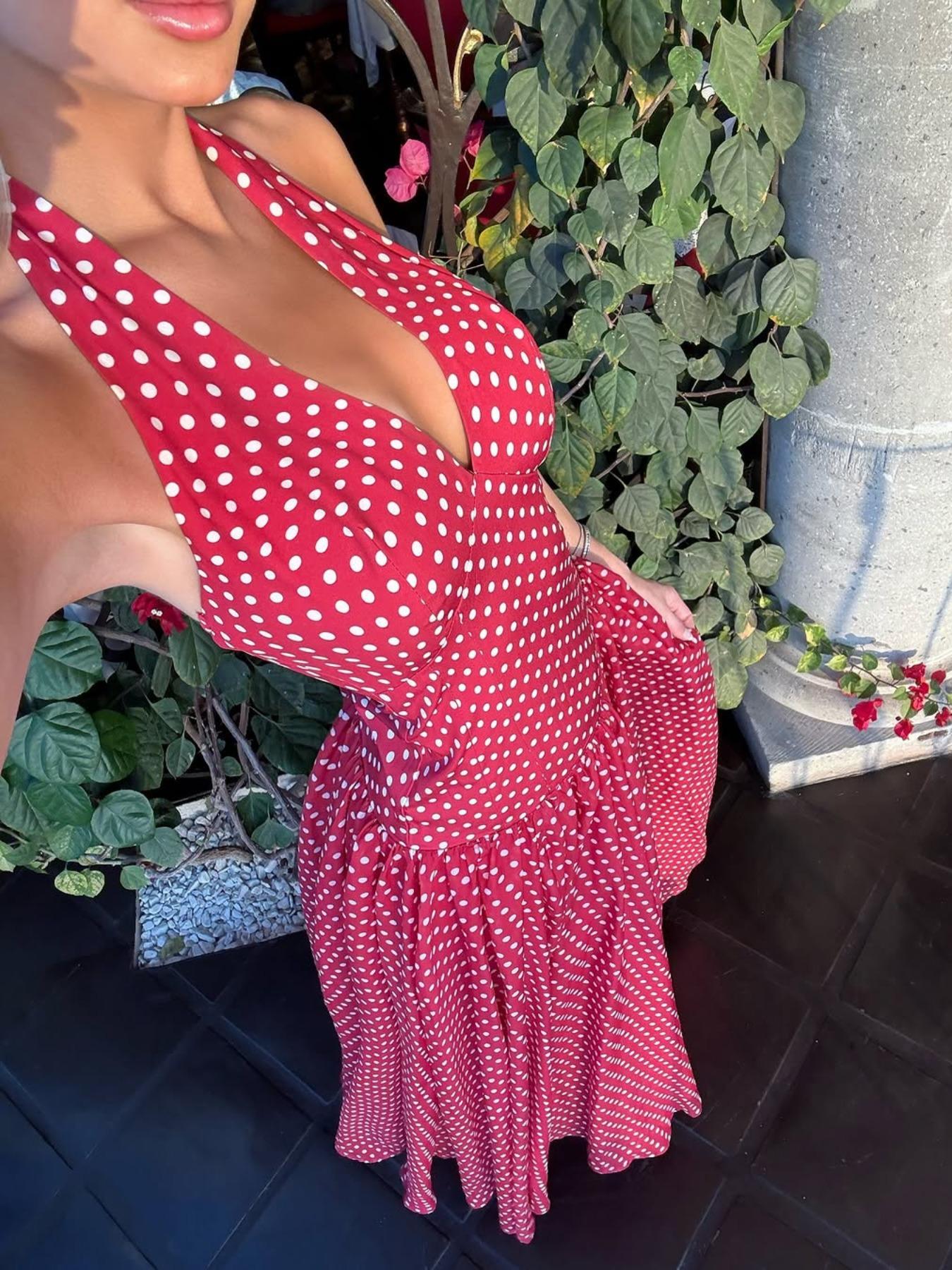 Elegant Vintage Polka Dot Halter Deep V Neck Backless Tie Waist Fitted Dress, Pure Color Retro Style, Women's Fashion Party Dress