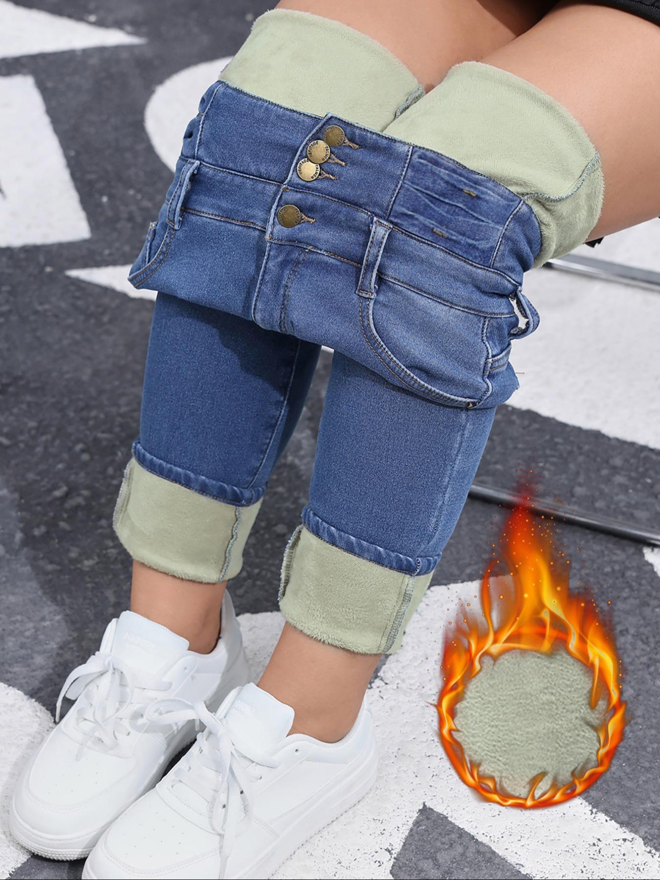 Women's Fleece-Lined Jeans, High Stretch Thick Woven Denim For Winter, Slimming, Fitted And Comfortable