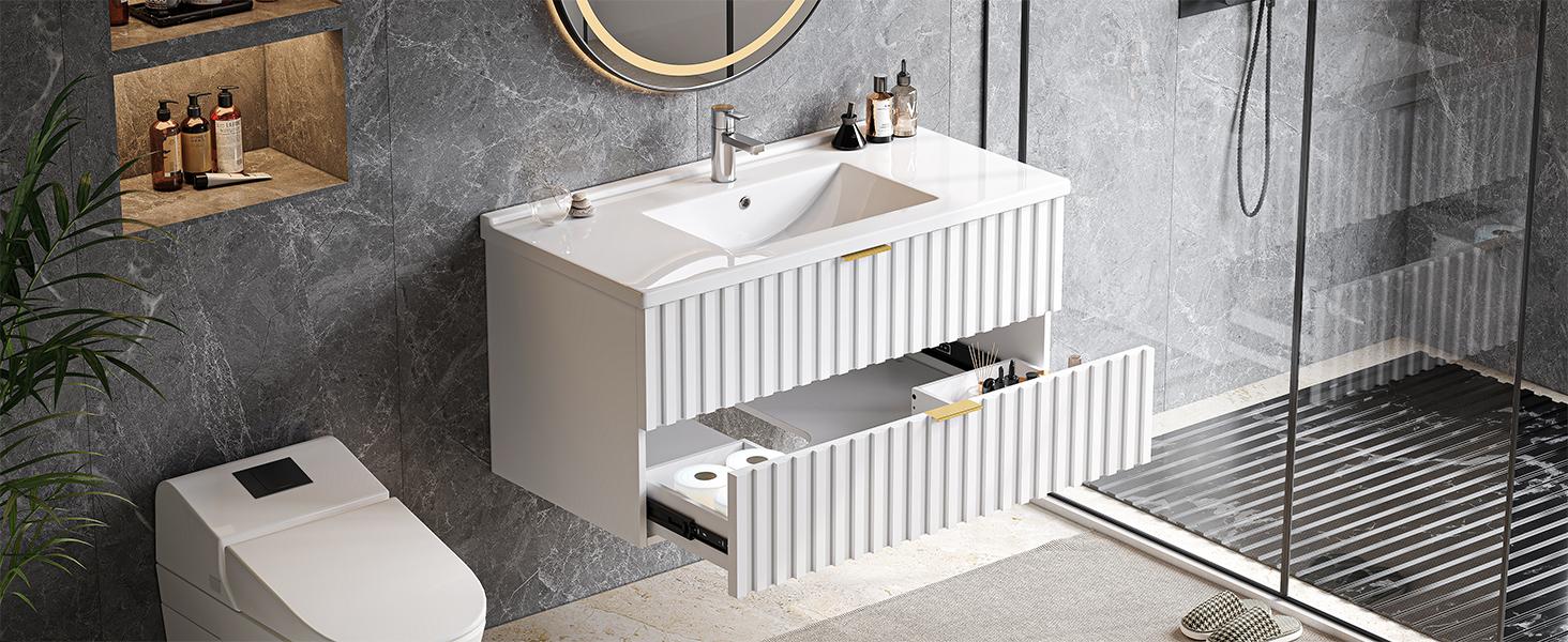 【Valentine's Day Gift】ONBRILL 36 Inch Bathroom Vanity with Sink Combo, Floating Bathroom Vanity with 2 Fluted Drawers & Metal Handle, Modern Wall Mount Storage Cabinet with Ceramic Integrated Sink for Small Space