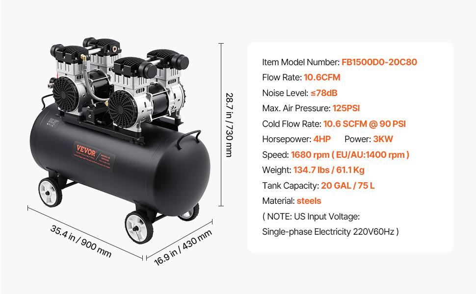 VEVOR Air Compressor, 20 Gallon Steel Tank, 4HP 10.6 CFM90 PSI Oil Free Air Compressor Max. 125PSI Pressure, 78dB Ultra Quiet Portable Compressor, for Auto Repair, Tire Inflation, Spray Painting