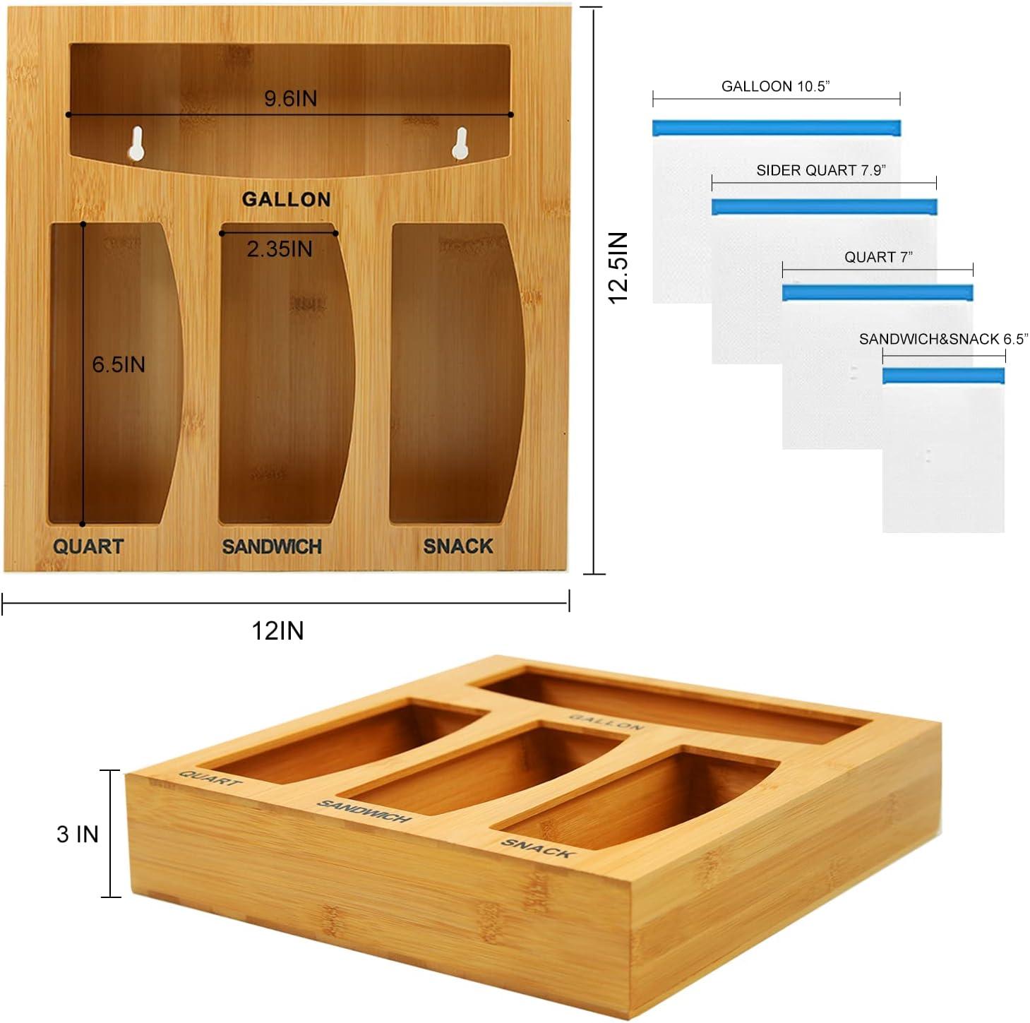 Bag Storage Organizer for Kitchen Drawer, Bamboo Organizer, Compatible with Gallon, Quart, Sandwich and Snack Variety Size Bag (1 Box 4 Slots), Eco-Friendly Kitchen Cabinet Organizer