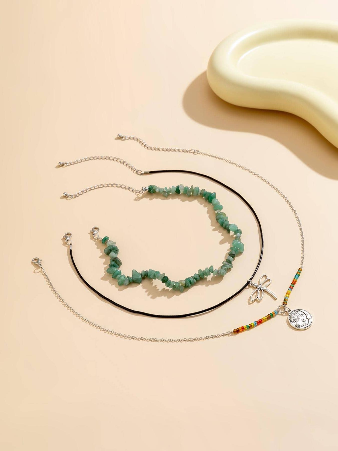 3pcs/set Women's Boho Style Dragonfly Pendant Necklace & Beaded Necklace, Vintage Retro Trendy Necklaces, Exquisite Jewelry without Box for Women