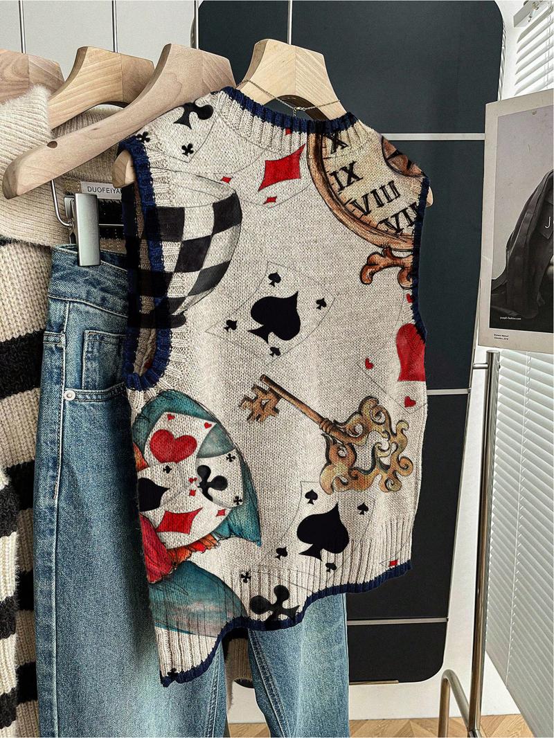 1 piece + Spring/Summer Back-to-School Casual Style Loose Round-neck Sleeveless Knitted Dark Blue Embroidered Color-Contrast Patchwork Print Women's Knitted Top for Outfits, Women's Outerwear, to be worn alone or paired with a jacket