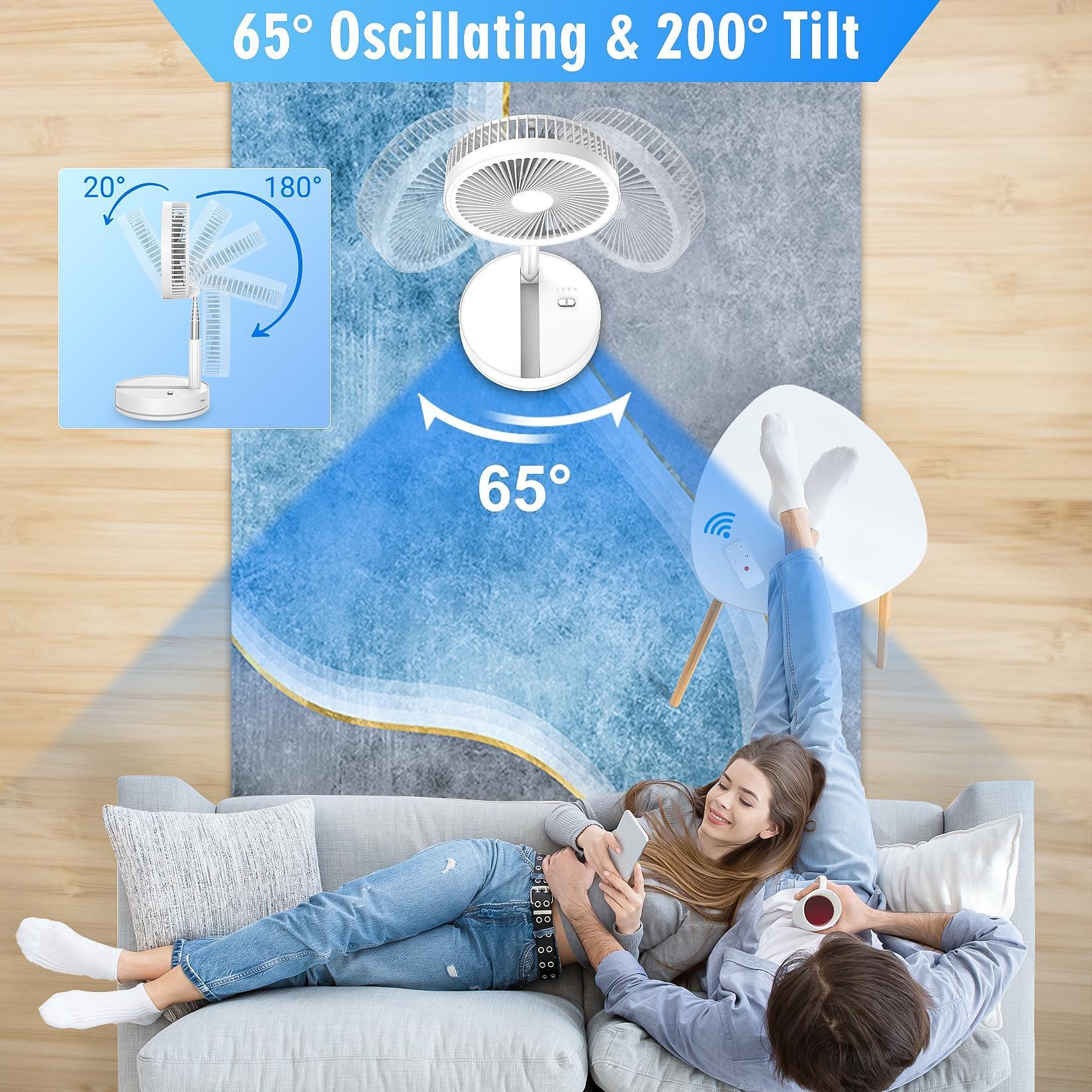 Standing Fan with Remote Control, Adjustable Head Rotation & Timer, Foldable Design, 3 Wind Speeds, Night Mode, Suitable for Living Room & Bedroom, Rechargeable Multifunction Fan