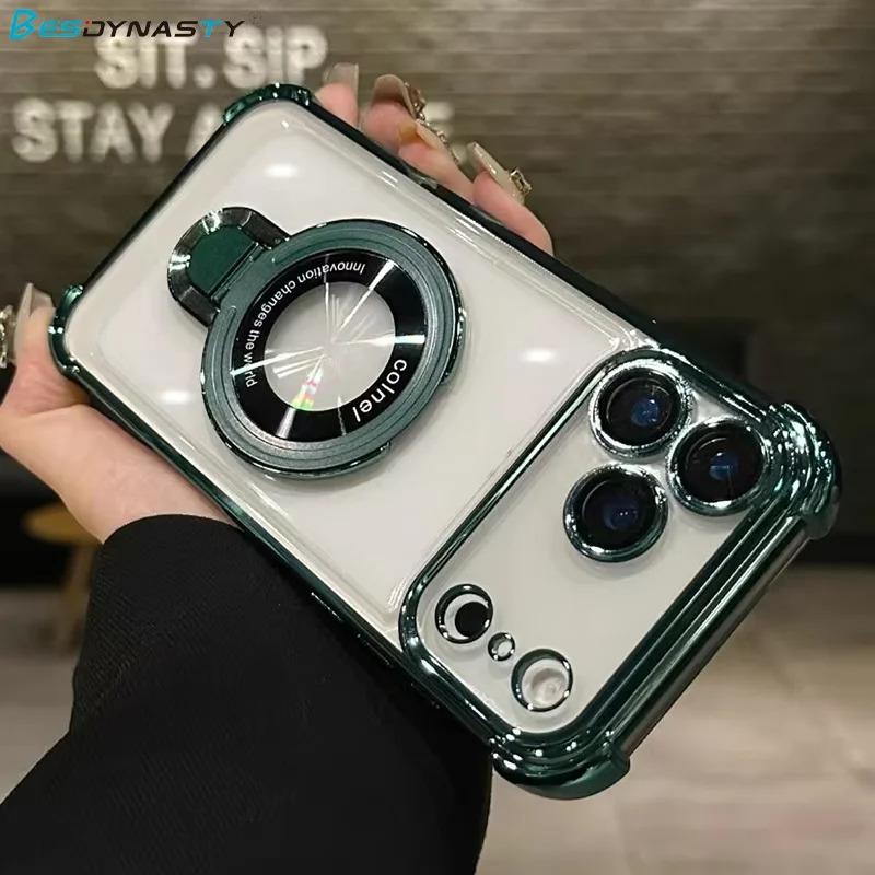 For Magsafe Wireless Charging Case For iPhone 17 Pro Max Air 14 15 Plus 13 12 16 Pro Transparent Plating Ring Holder Phone Cover